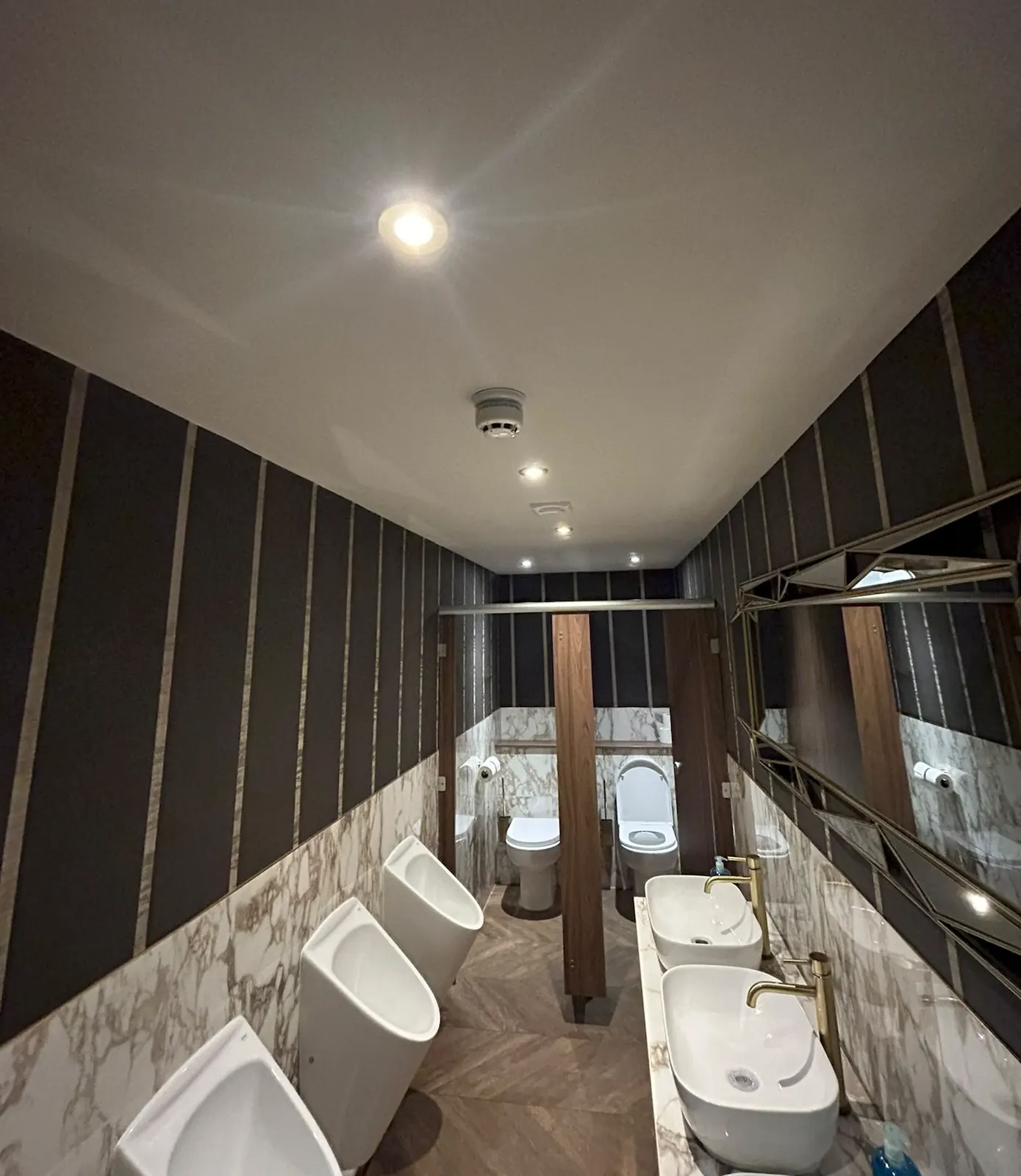 Washroom with ceiling downlights above basins, urinals and toilet cubicles