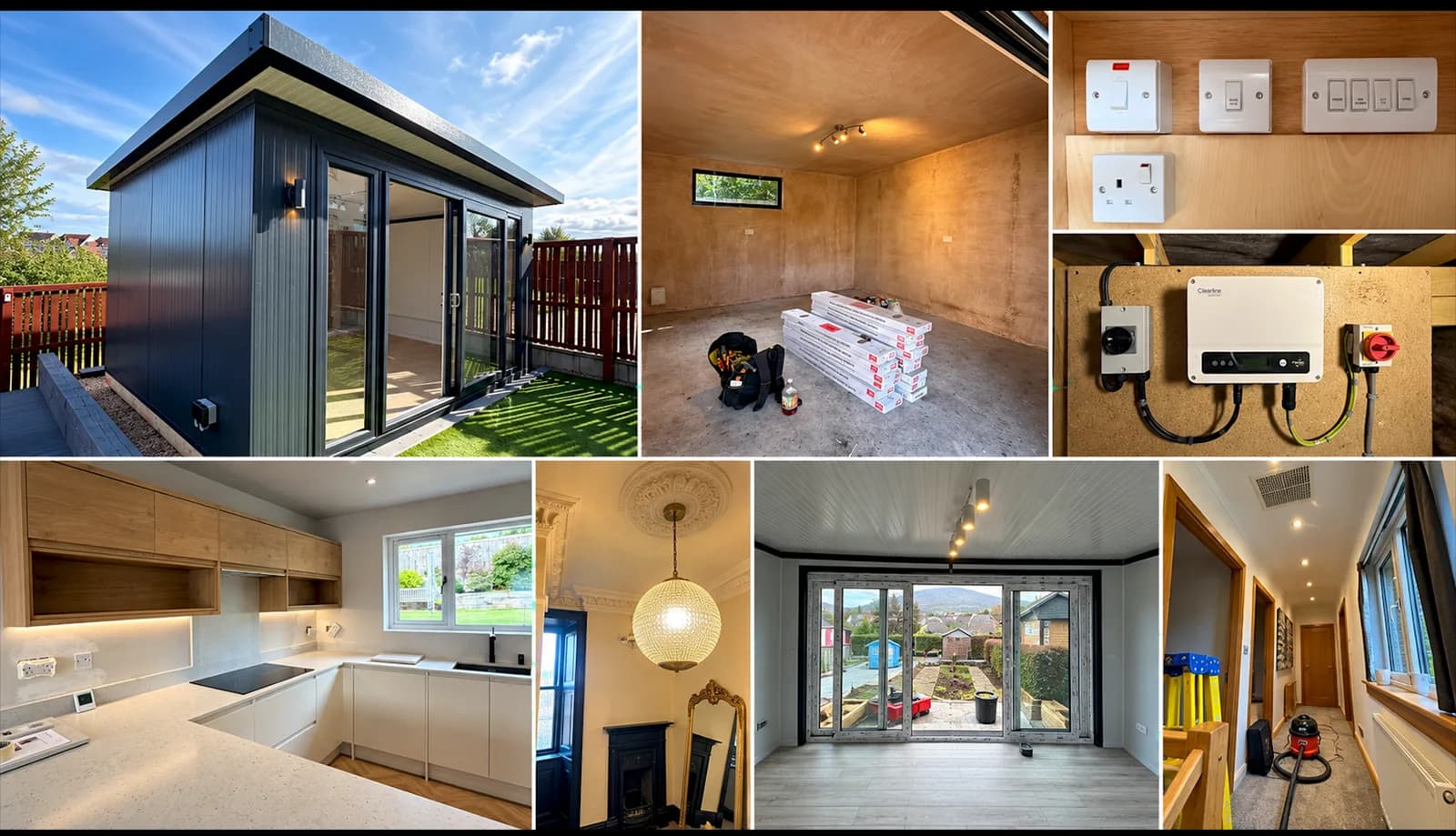 Collage of garden room electrics, sockets, kitchen lighting and ceiling lights